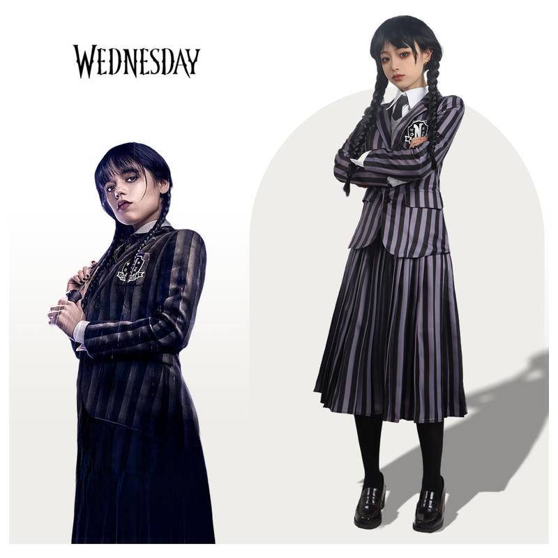 【Wetrose】 The Addams Family Coswear Wednesday Adams Hitam Print Dress Cosplay Seragam Sekolah Halloween