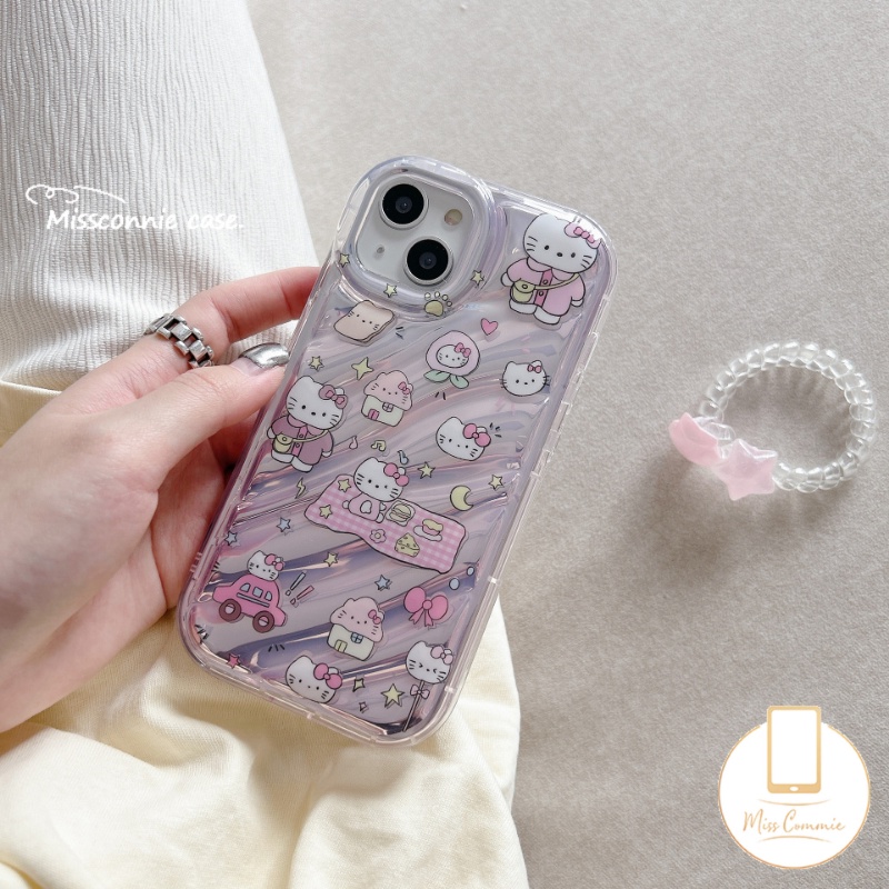 Doodle Kartun Lucu Hello Kitty Kartu Laser Casing Bening Kompatibel Untuk IPhone XR 11 12 13 14 Pro MAX 78 Plus 6 6S 7 8 Plus X XS MAX SE 2020 Sarung Pola Kerut Stereo 3D