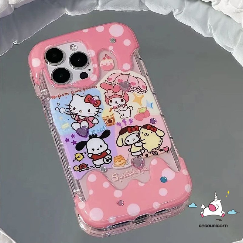 3d Color Ice Cream Cute Hello Kitty Crayon Shin-chan Case Kompatibel Untuk IPhone XR X 7Plus 13 11 12 14 Pro Max7 8 Plus XS Max SE 2020lembut TPU Kartun Doodle Pochacco Kuromi Cover