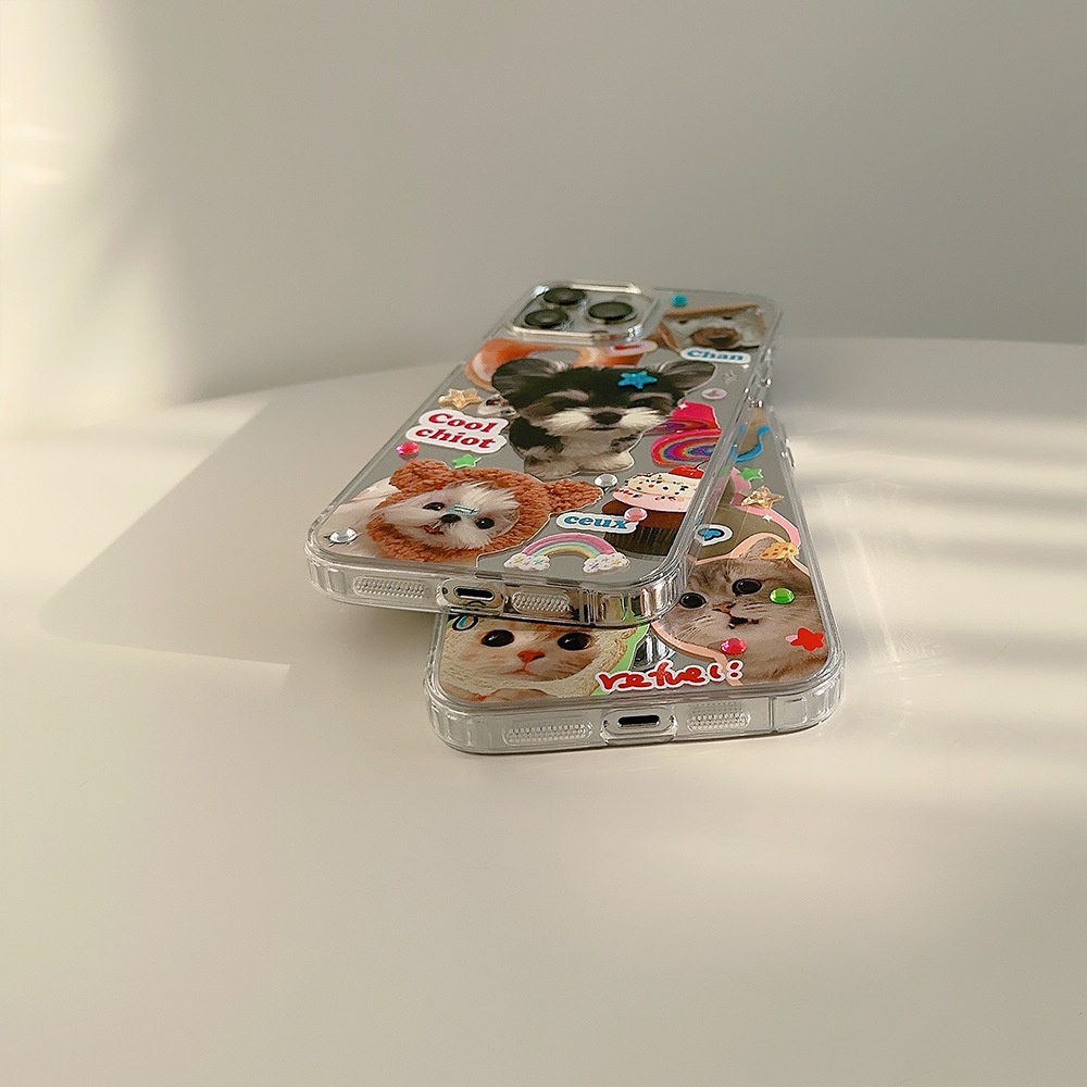 IPHONE Hewan Lucu Pasangan Kekasih Ponsel Case Puppy Dog Cat Electroplated Camera Frame Cover Dengan Manik-Manik Berlian Imitasi Stiker Untuk Iphone11 12 13 14 PRO MAX