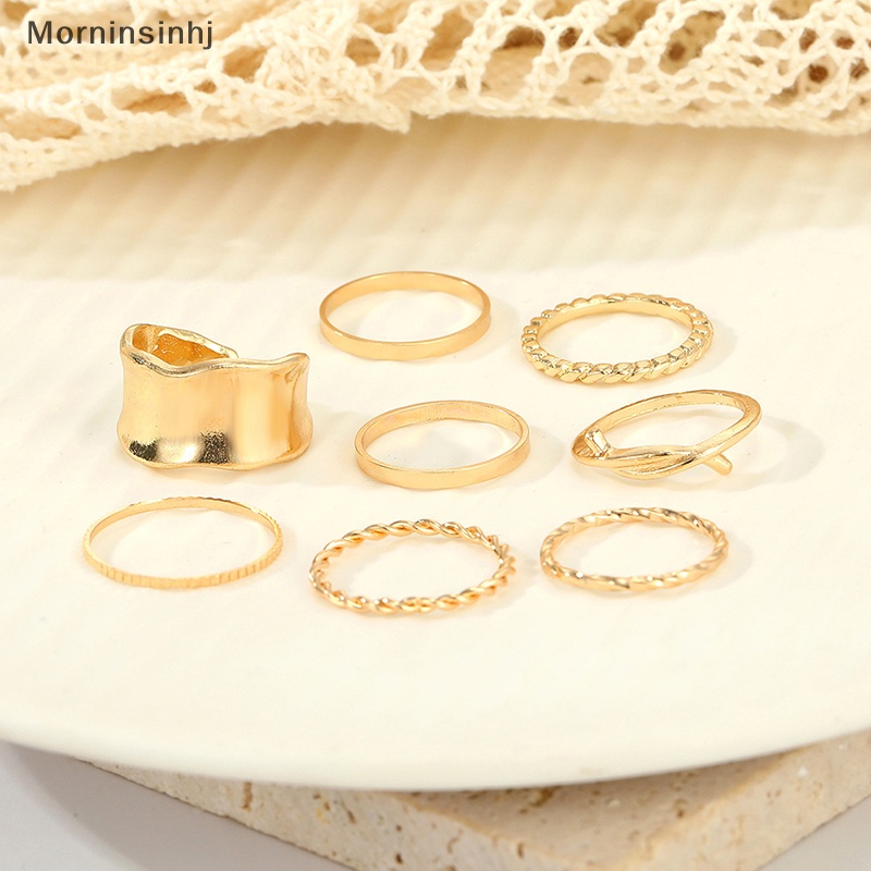 Mornin 8Pcs /Set Punk Metal Geometric Ring Set Untuk Wanita Vintage Minimalis Metal Wide Knuckle Ring Finger Perhiasan Hadiah id