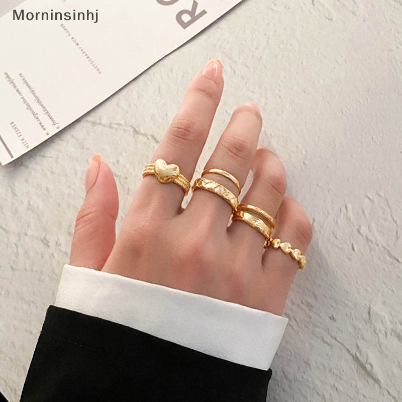 Mornin 5Pcs /Set Punk Metal Geometric Ring Set Untuk Wanita Vintage Minimalis Metal Wide Knuckle Ring Finger Perhiasan Hadiah id