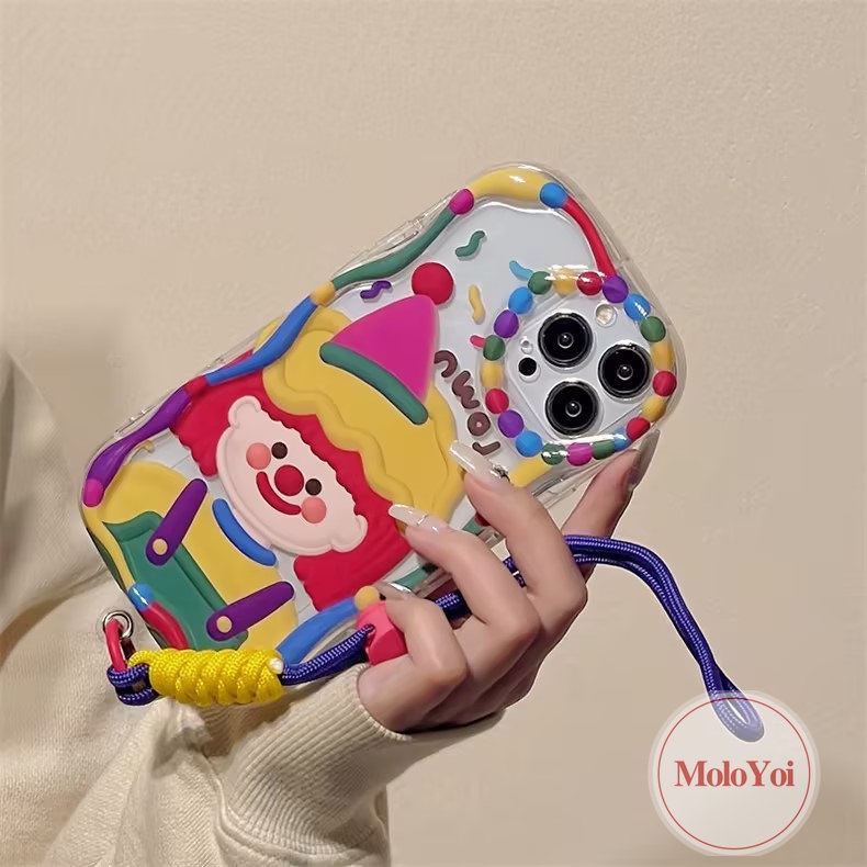 Casing Ponsel Lembut Tepi Melengkung Bergelombang 3D Kompatibel Untuk iPhone XR X XS Max6 7 6s 8plus 11 12 14 13 Pro Max SE 2020 Badut Kartun Lucu Korea Dengan Tali Tangan Gelang Lanyard Case