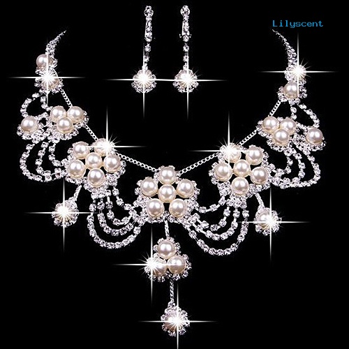 [LS] Wanita Mewah Berlian Imitasi Mutiara Imitasi Kalung Anting Pernikahan Bridal Perhiasan Set