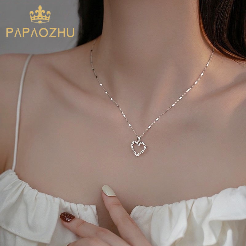 Papaozhu Elegan Bersinar Zirkon Berongga Jantung Liontin Kalung Untuk Wanita Gadis Halus Tulang Selangka Rantai Kalung Fashion Perhiasan Hadiah