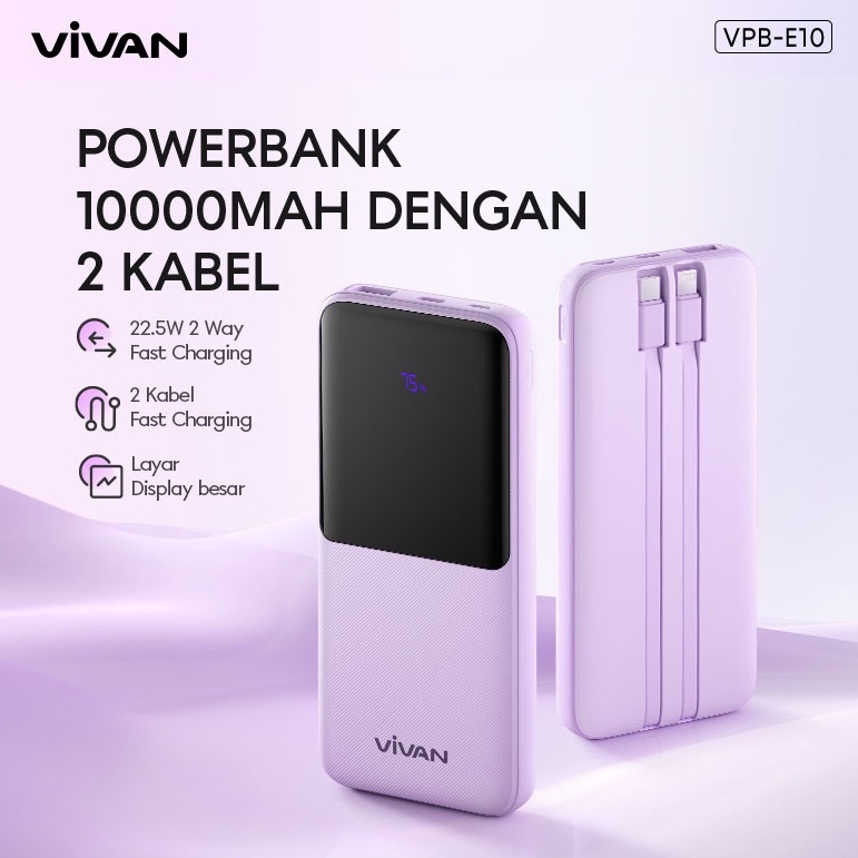 ( VPB-E10 )- E10 VIVAN Powerbank 10000 mAh VPB-E10 4 Output Fast Charging 22.5W PD QC 3.0 VOOC Support Smartphone All Type Pink POWER BANK 10000MAH