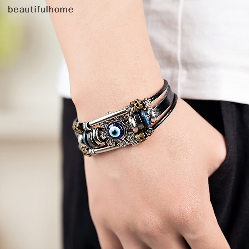 {beautifulhome} Lucky Eye Turkish Evil Eye Bracelets Punk Multilayer Gelang Handmade Kulit.