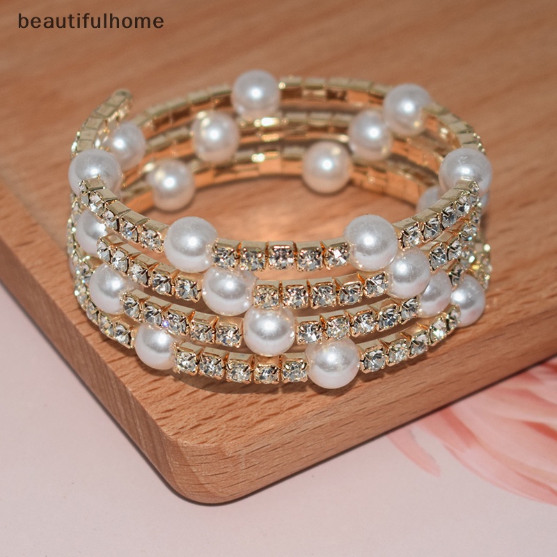 {beautifulhome} Gelang Mutiara Imitasi Kristal Elegan Multilayer Gelang Mutiara Stretchable Pearl Bracelet Untuk Wanita Hadiah Perhiasan Pengantin.