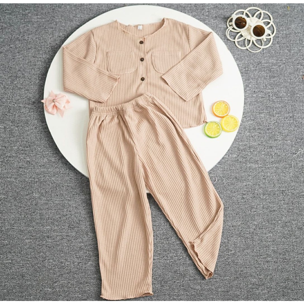 BEFAST - ZFS OOTD WANITA ONESET LELI / LIME WAFFLE SETELAN ANAK PEREMPUAN / Oneset Anak Perempuan Terbaru / Pakaian Casual Anak-Anak / Set Atasan Lengan Panjang+Celana Panjang / Fashion Kekinian Anak-Anak perempuan Terlaris