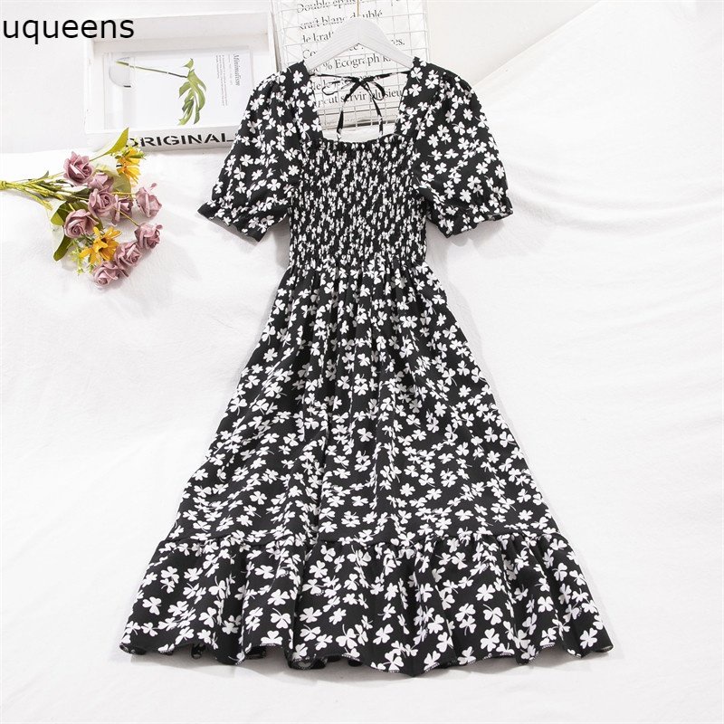 kasual baru dress bunga lengan pendek smocked dengan dasi belakang
