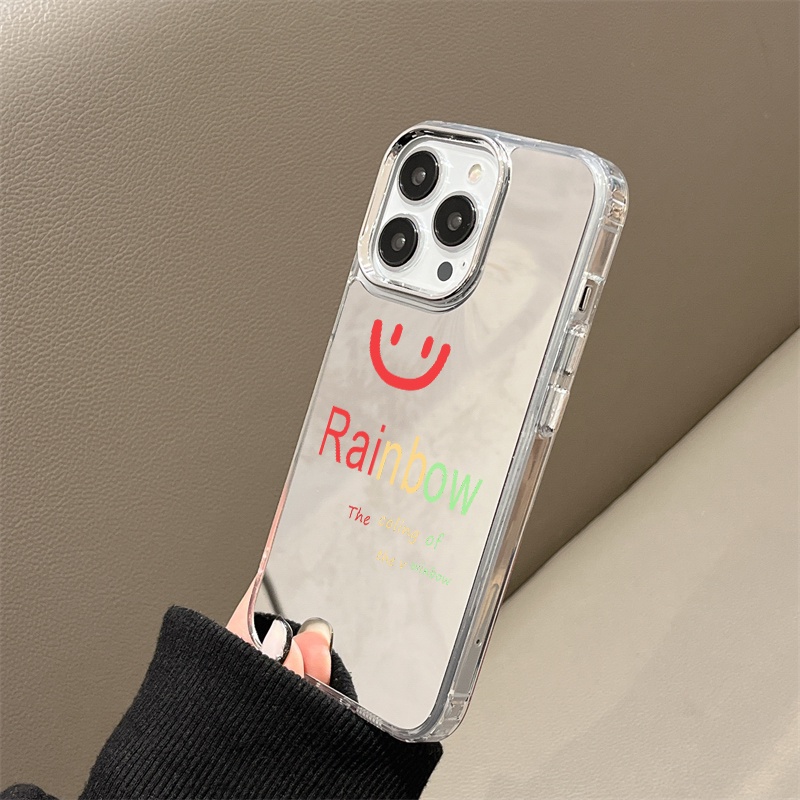 IPHONE Casing Ponsel Cermin Smile Karakter Pelangi Kompatibel Untuk Iphone11 12 13 14 12Pro 13Pro 14Pro Pro Max XR X XS Max Electroplating Tombol Perlindungan Mirror Cover