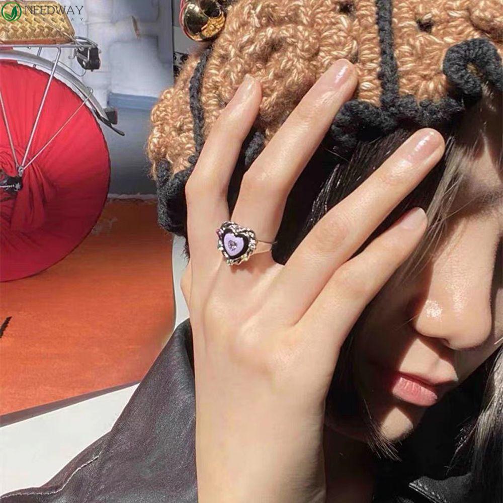 Needway Wanita Cincin Gadis Hadiah Manis Memutar Tepi Berbentuk Hati Berlian Pembukaan Cincin Fashion Perhiasan