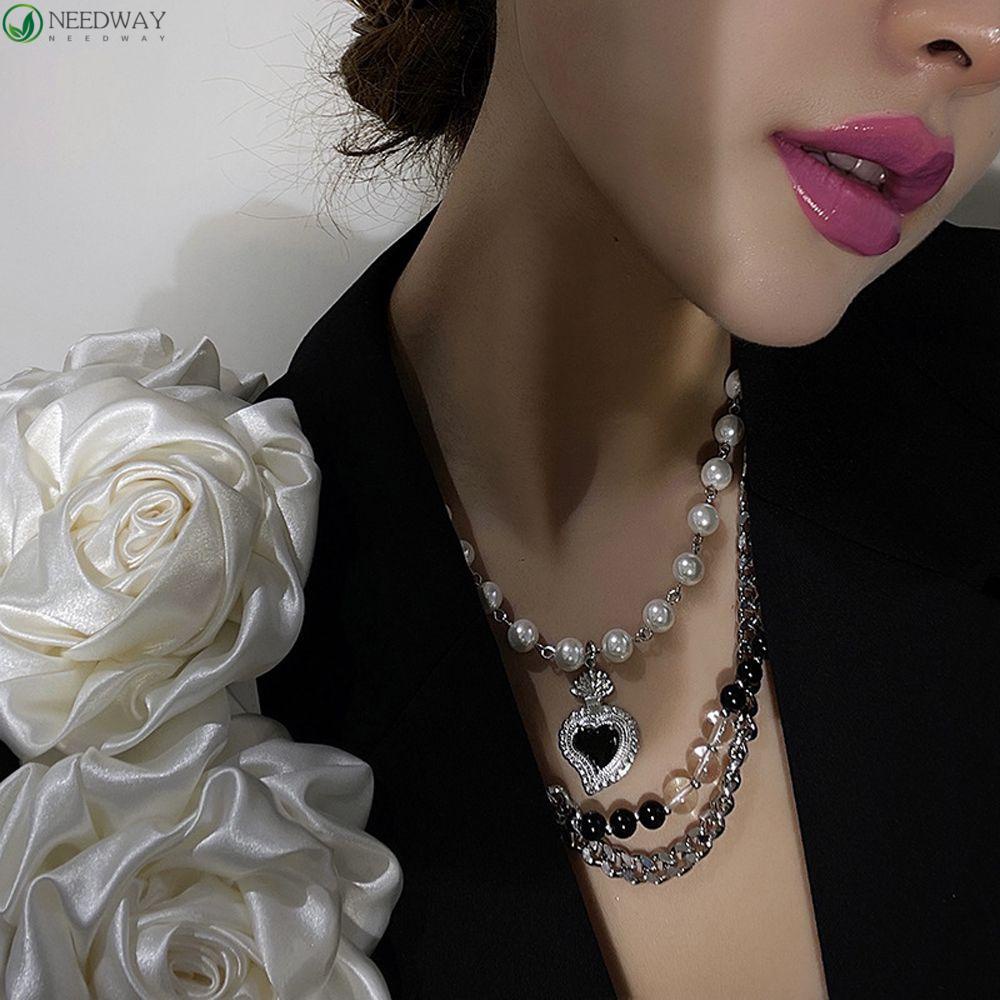 Needway Wanita Kalung Punk Fashion Perhiasan Mutiara Manik Lapisan Ganda Liontin Hati Hitam