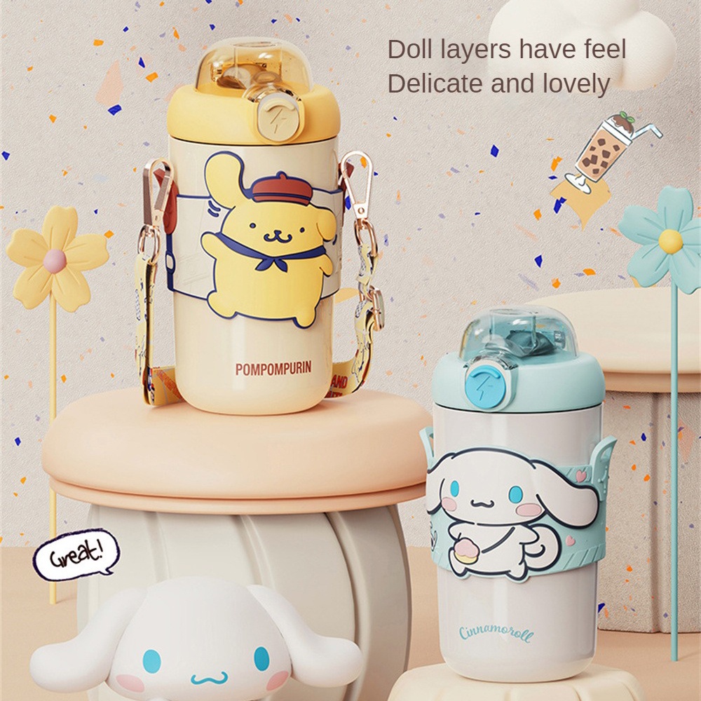 ღ 380ml/460ml Sanrio Insulating Cup Cartoon Children Straw Cup Melody Kuromi Cinnamoroll Stainless Steel Botol Air Siswa Perempuan Untuk Hadiah