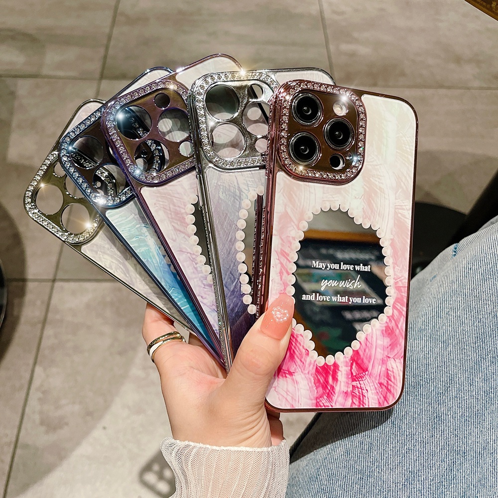 IPHONE Gadis Berlian Berkilau Perhiasan Make Up Cermin Ponsel Case Untuk Iphone13 14 Pro Max14 Plus Mewah Plating Dream Shell Bumper Cove