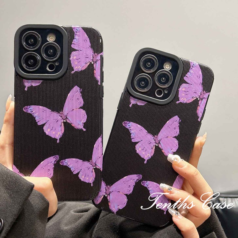 Kompatibel Untuk Iphone14 13 12 11 Pro Max X XR Xs Max7 8 Plus SE 2020 INS Gaya Ungu Motif Kupu-Kupu Ponsel Case Lembut Penutup Belakang