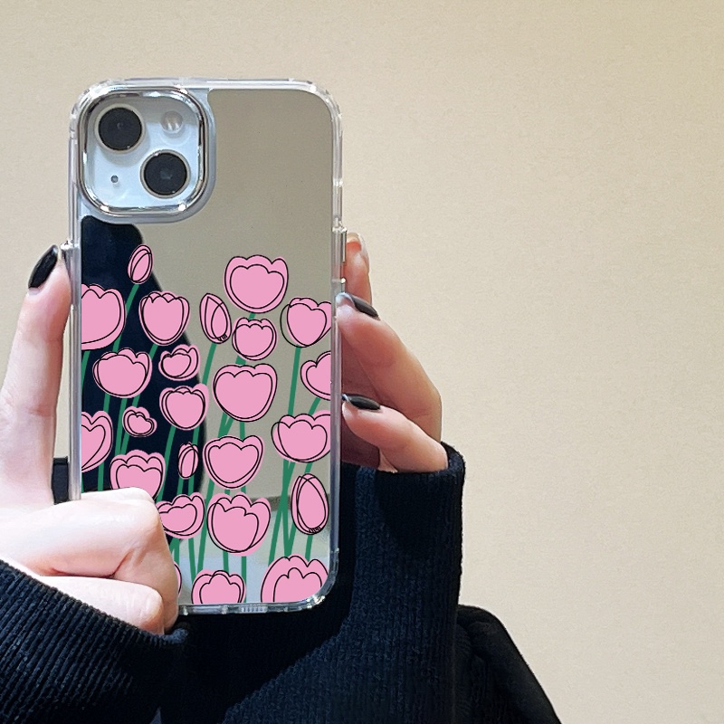 IPHONE Casing Ponsel Cermin Tulip Kartun Pink Kompatibel Untuk Iphone11 12 13 14 12Pro 13Pro 14Pro Pro Max XR X XS Max Electroplating Tombol Perlindungan Mirror Cover