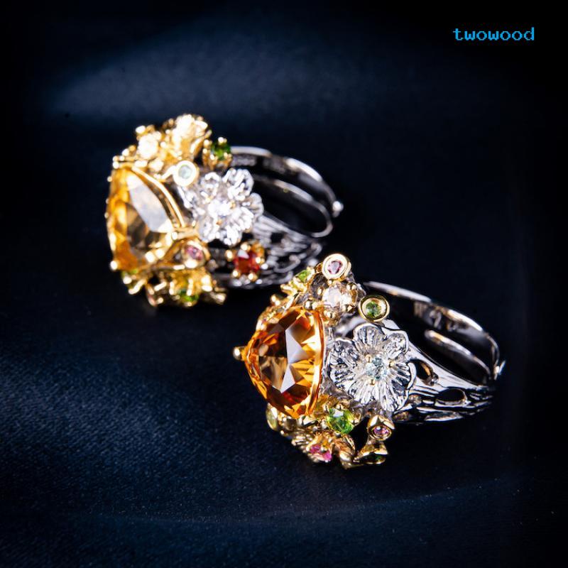 Twowood Imitasi natural citrine Berwarna Batu Permata Cincin Italia Pengadilan Perhiasan Kerajinan Terang Dan high-end Terbuka Cincin