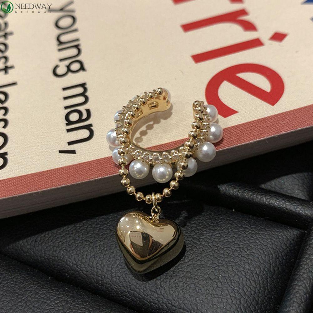 Needway Wanita Klip Telinga Trendi Elegan Mutiara Hati Tergantung Temperamen Zirkon Klip On Anting