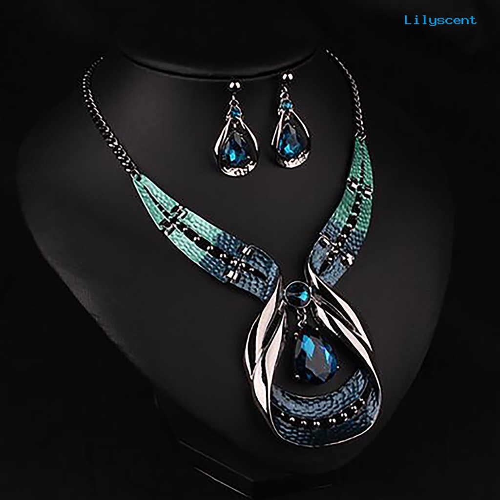 [LS]3Pcs Set Perhiasan Adjustable Hadiah Ulang Tahun Anti Luntur Teardrop Kalung Drop Earrings Set Perhiasan Untuk Pernikahan