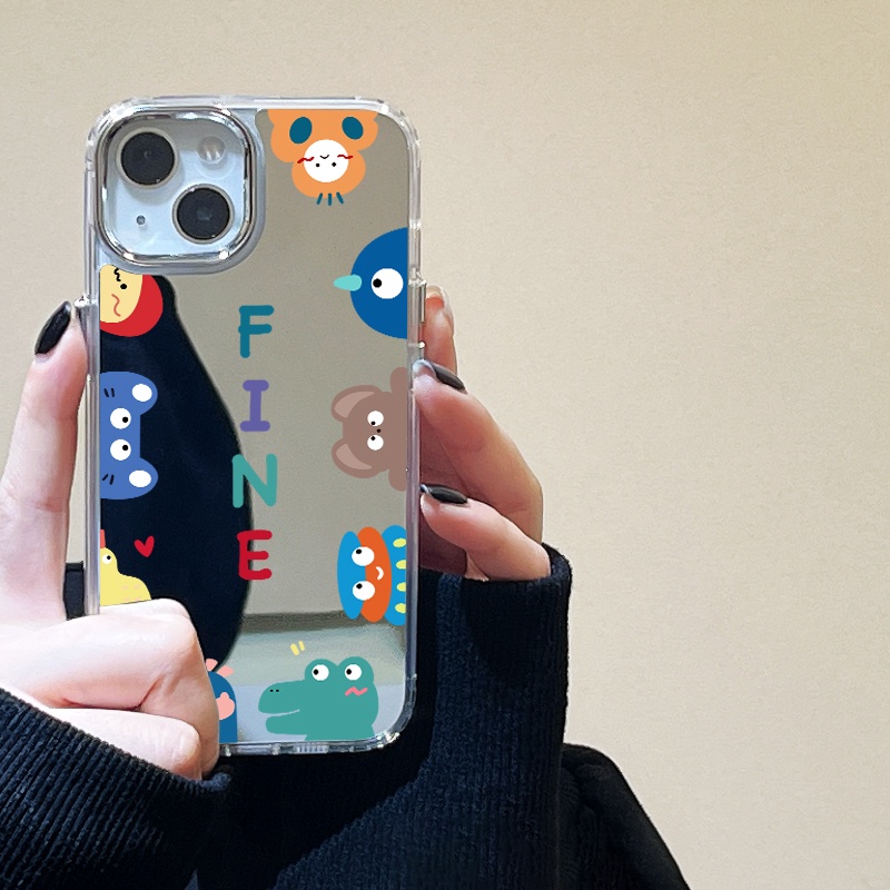 IPHONE Kartun Hewan Cermin Ponsel Case Kompatibel Untuk Iphone11 12 13 14 12Pro 13Pro 14Pro Pro Max XR X XS Max Electroplating Tombol Perlindungan Mirror Cover