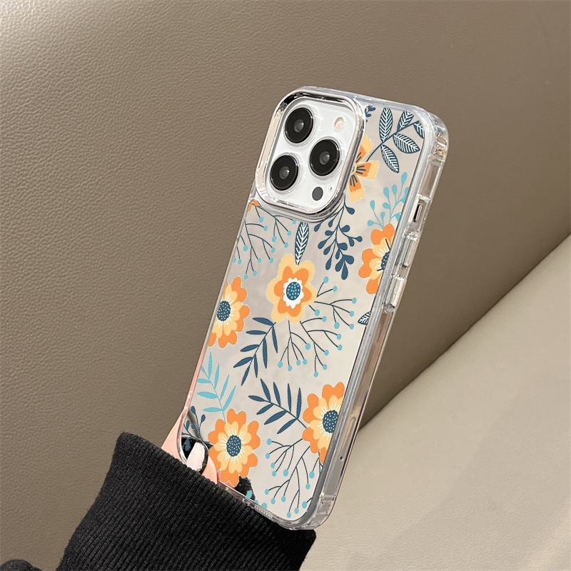 IPHONE Lukisan Bunga Cermin Ponsel Case Kompatibel Untuk Iphone11 12 13 14 12Pro 13Pro 14Pro Pro Max XR X XS Max Electroplating Tombol Perlindungan Mirror Cover