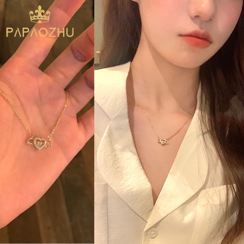 Papaozhu Korea 14 K Emas Bersinar Zirkon Cupid Hati Malaikat Liontin Kalung Untuk Wanita Perempuan Elegan Romantis Cinta Kalung Perhiasan Aksesoris