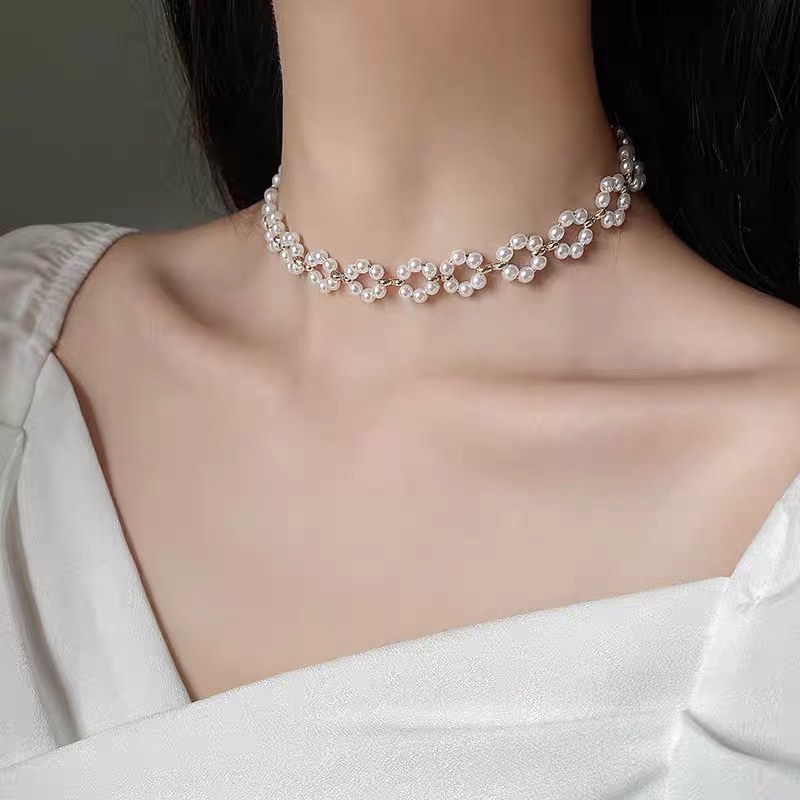 Korea Korean Pearl Diamond Necklace Braided Pearl Necklace Gaya Baru Perempuan Niche Desain Merasa Gaya Keren Influencer Necklace