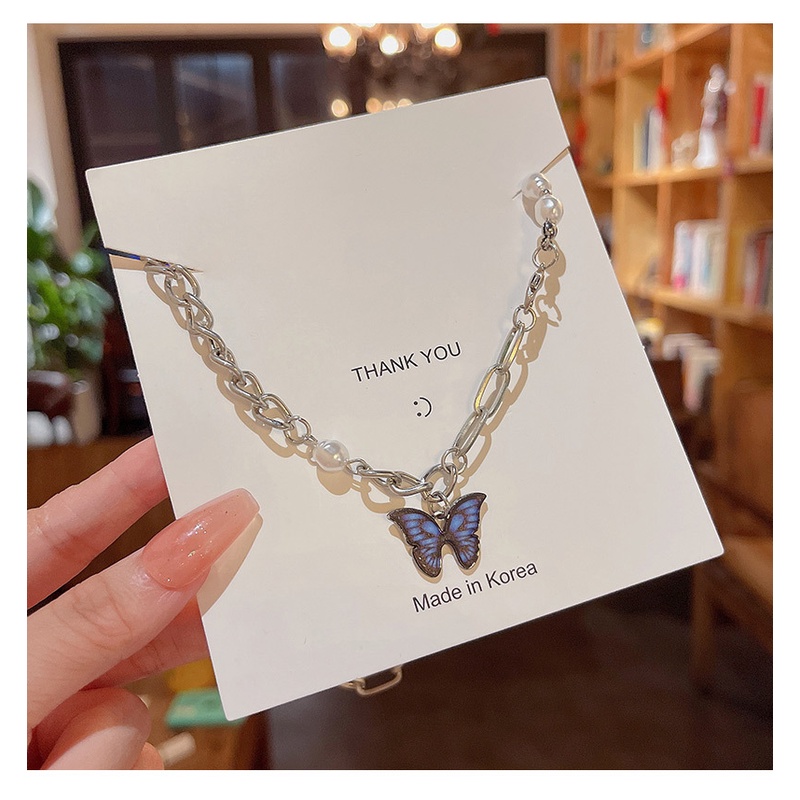 Korea Gaya Baru Manis Keren Gaya Mutiara Jahitan Kalung Kupu-Kupu Desain Niche Perasaan ins Rantai Klavikula Influencer Trendi