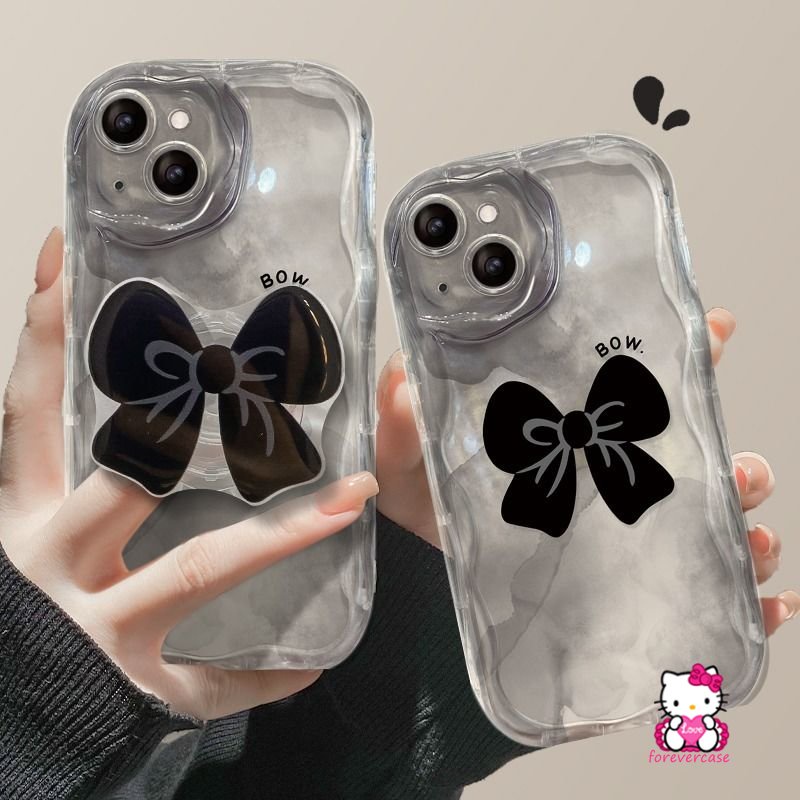 IPHONE Ins Korea 3D Fantasy Ikatan Simpul Cream Smudge Holder Bracket Ring Holder Case Kompatibel Untuk Iphone11 14 12 13 Pro Max6 6s 8 7 Plus XR XS X Max SE 2020 3D Wavy Curved Edge Case