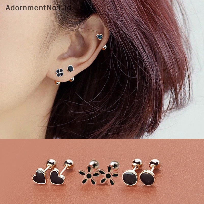 [AdornmentNo1] Perak hitam hati bintang bulat kecil anting tusuk untuk wanita Ear Studs Jewelry