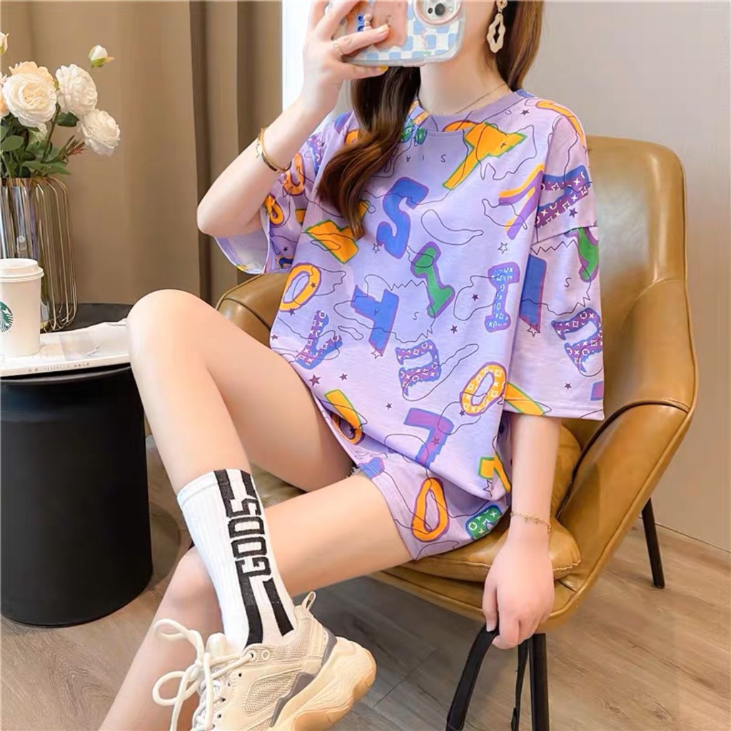 THISTLE - Oversize Tee Tshirt Wanita Model Longgar Motif Abjad STI Purple NEW