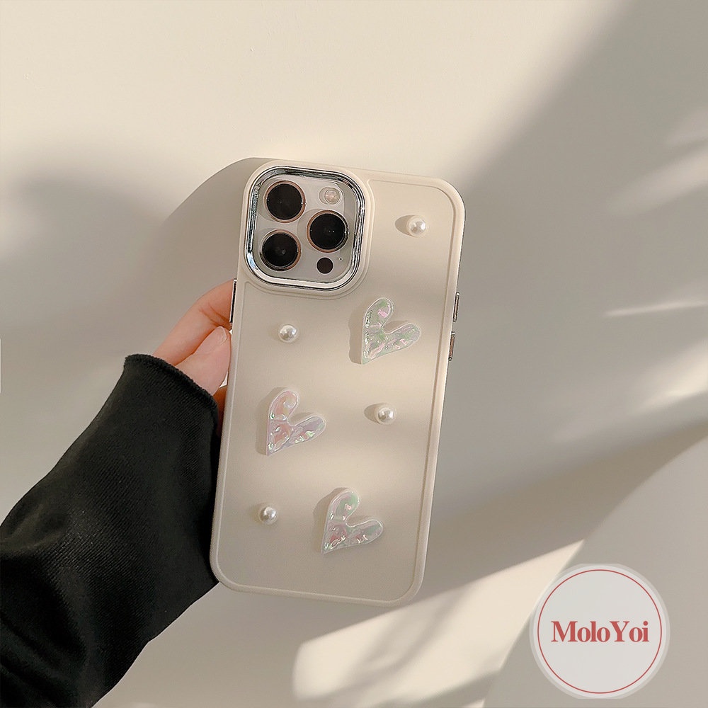 Luxury Solid Color Plating Shockproof Case Compatible for IPhone XR X XS MAX 7plus 8plus 11 13 12 14 Pro Max 14 8 7 Plus 3D Pearl Romantic Love Heart Electroplate Soft Case
