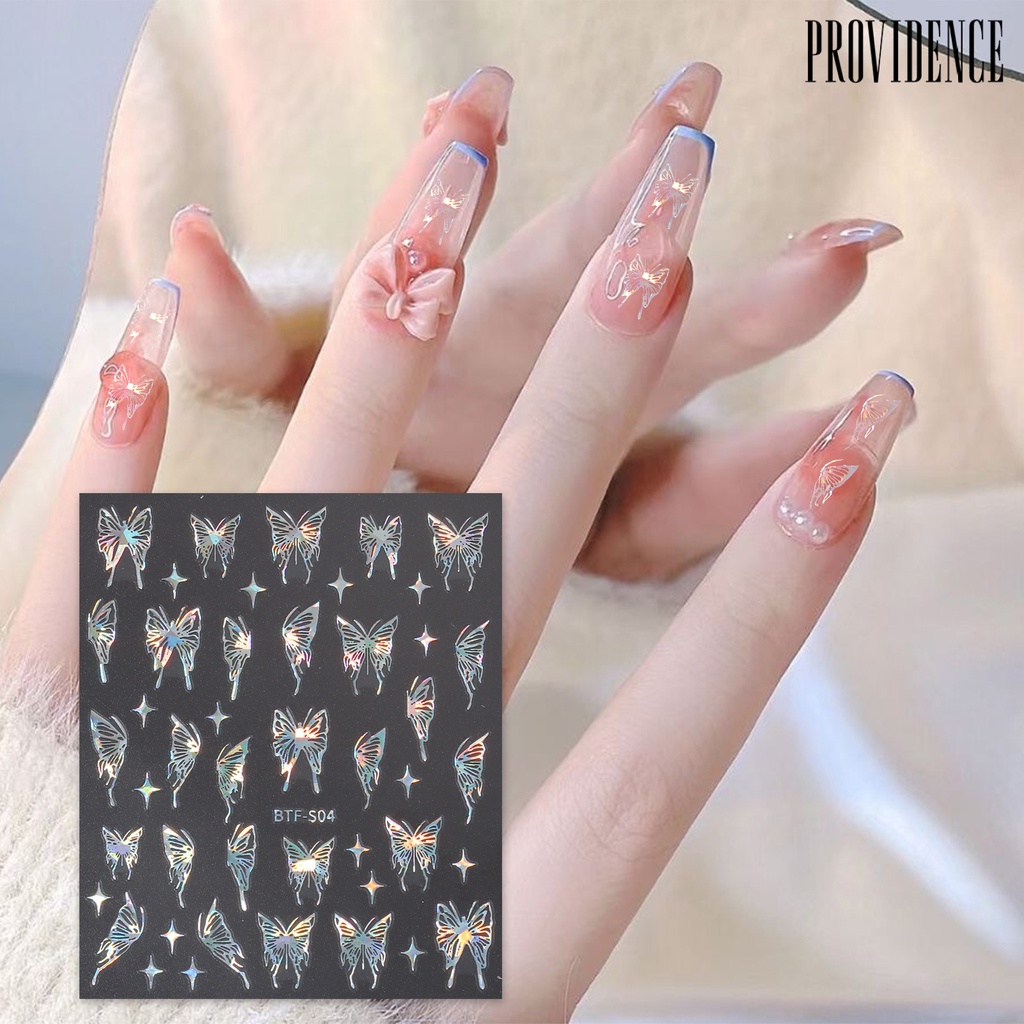 Providence 2lembar Hot Stamping Butterfly Nail Art Stiker Efek Mengkilap Ultra-Tipis Butterfly Decals DIY Manicure Perekat Dekorasi Kuku Perlengkapan Kuku