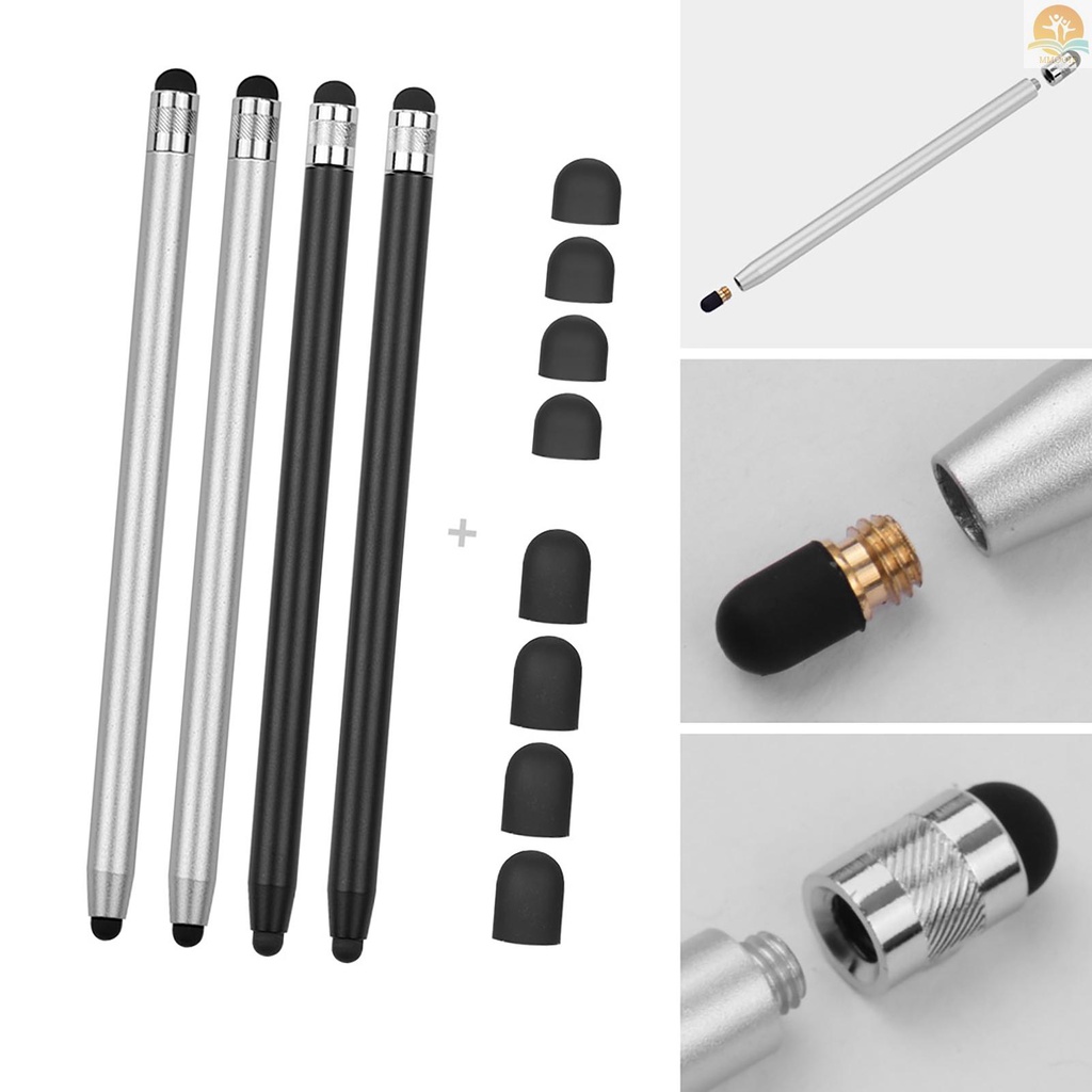 In Stock 2in1 Pen Stylus Touchscreen Universal Untuk Semua Tablet Touchscreen Handphone Dengan 8tips Karet Lembut Extra Tergantikan 4pcs 2Black/2Silver