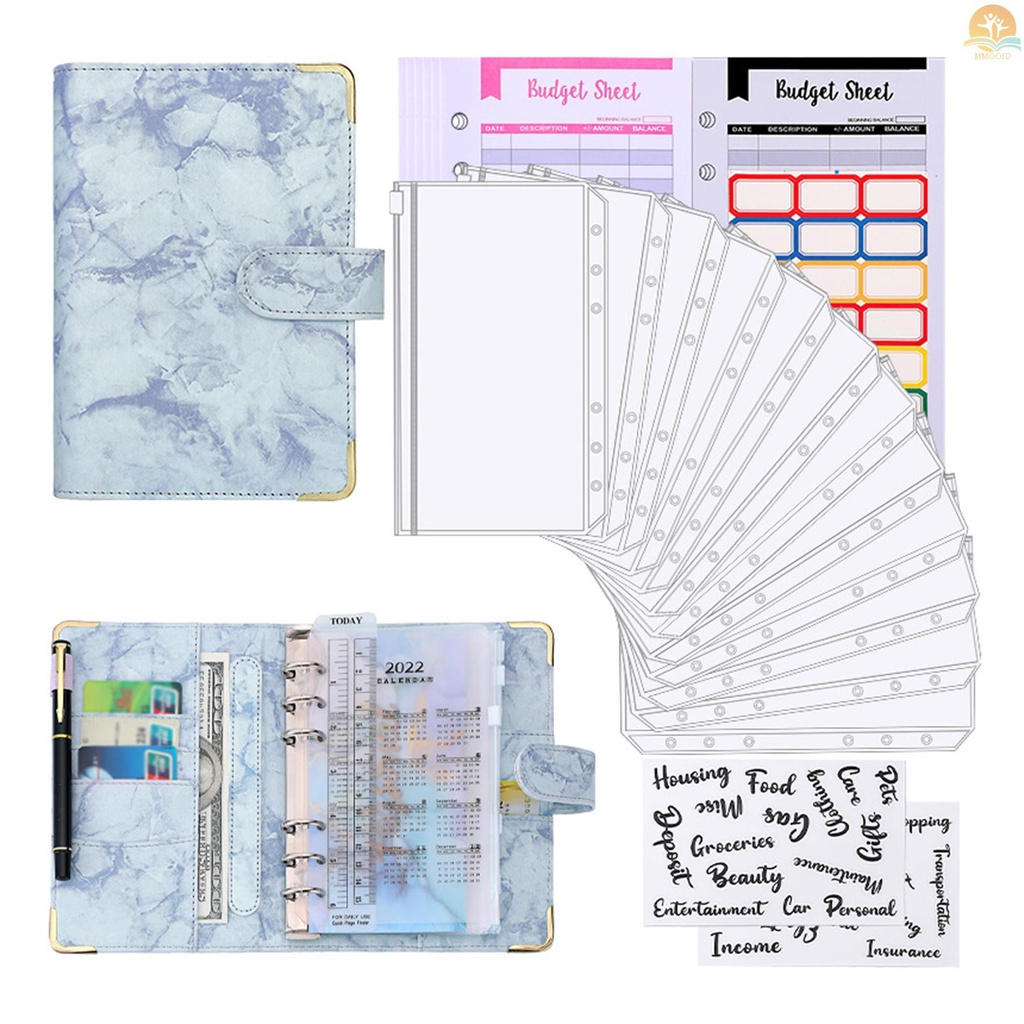 In Stock A6 Pengikat Budget Motif Tekstur Marmer PU Leather Notebook Cover Zipper Amplop Label Stiker Penggaris Digunakan Sebagai Sistem Organizer Uang Tagihan Money Card Saving Planner