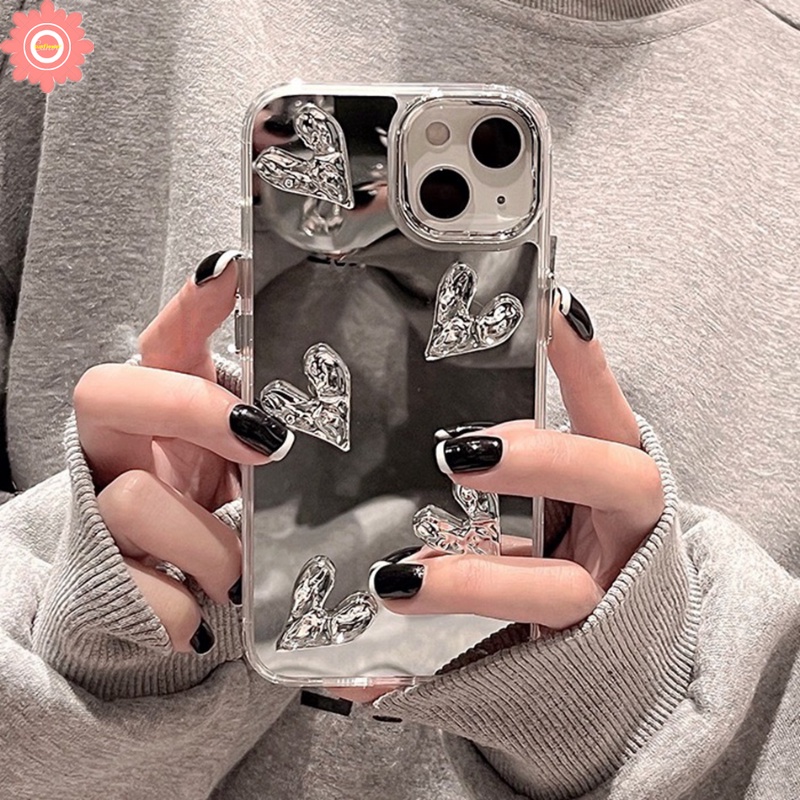 IPHONE Case Cermin Make Up 3D Stereo Silver Love Heart Kompatibel Untuk Iphone14 11 12 13 Pro Max 13 14 12 Pro Max 14 Pro 12pro 13 Pro Plating Mewah Metal Akrilik Shockproof Cover