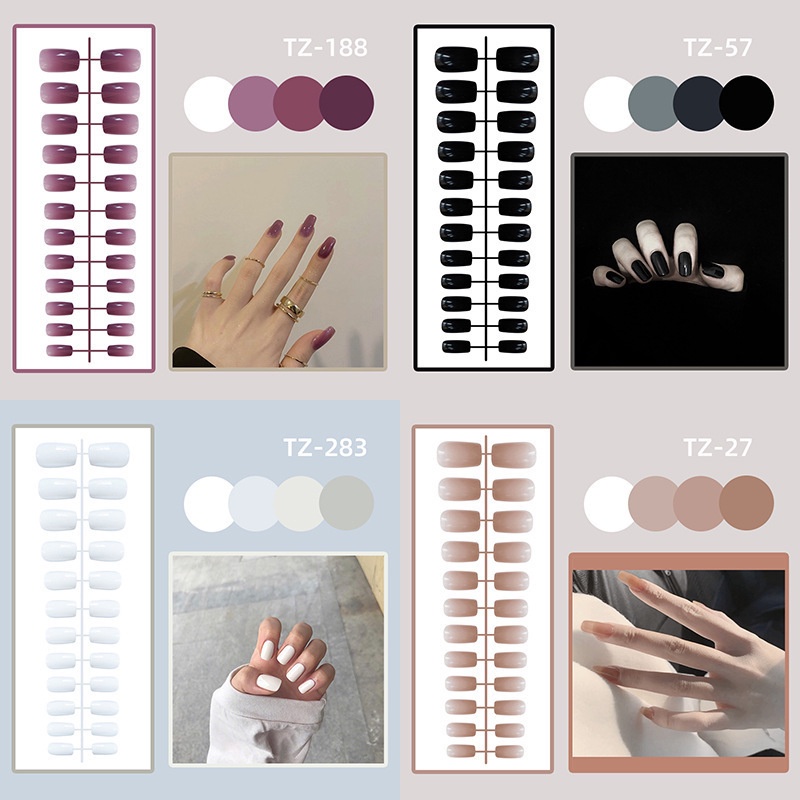 [Fitur] 24 /100 Pcs/Set Nail Art Patch/Pendek Warna Solid Memakai Kuku/Potongan Kuku Sederhana/Kuku Palsu Telanjang Warna-Warni/Manicure Removable/Aksesoris Kuku Untuk Wanita