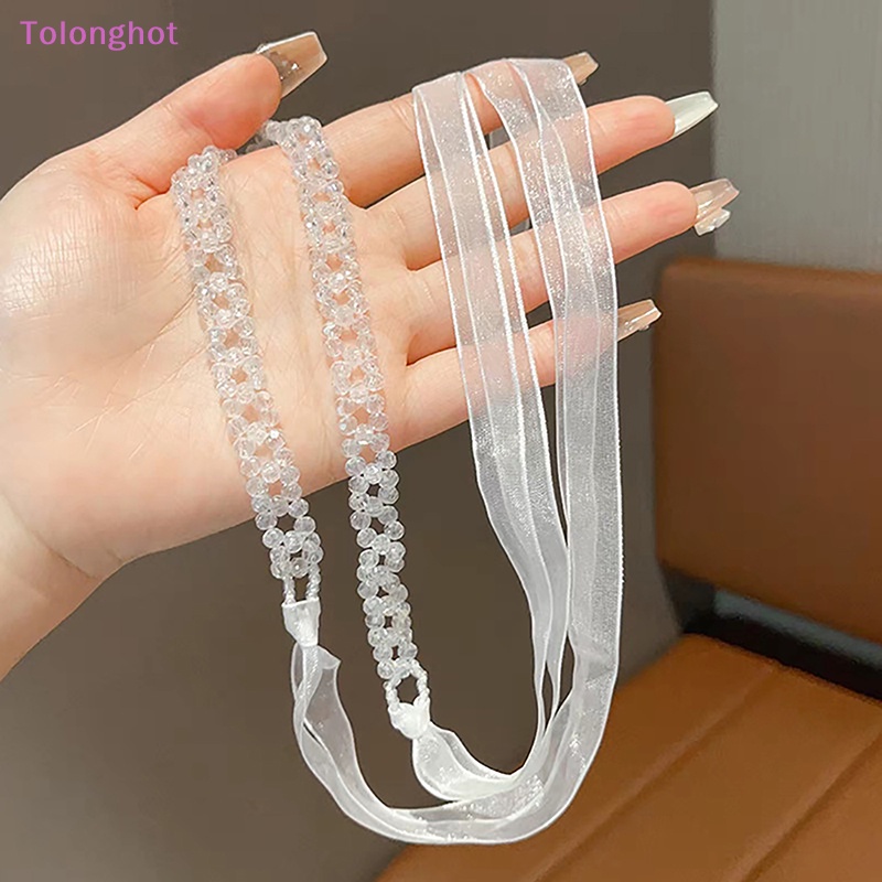 Tolonghot&gt; Manis Kristal Mutiara Hairband Romantis Manik-Manik Bunga Renda Panjang Rambut Pita Hiasan Kepala Renda Klavikula Choker Kalung Perhiasan well