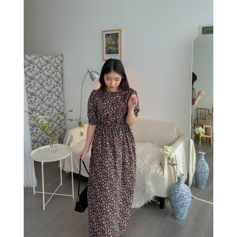 KANON - Shiro Crinkle Floral Dress - Dress midi musim panas / pantai model vintage simpel motif bunga