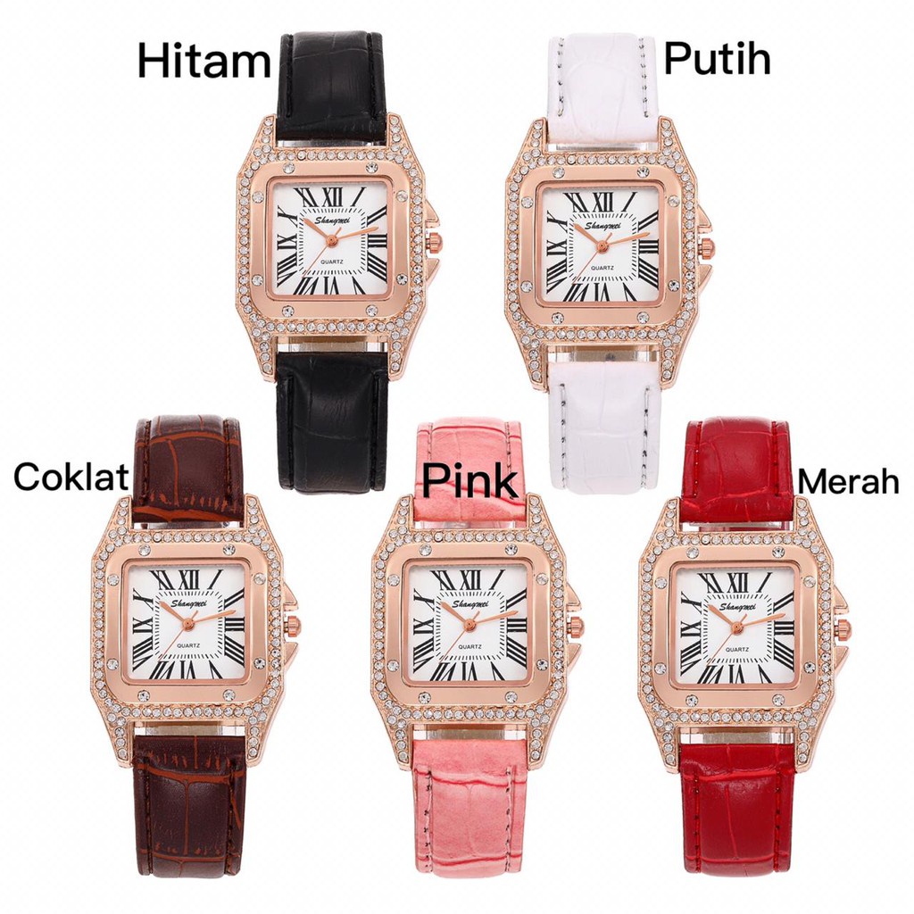 Jam Tangan Tali Kulit Asli Ori Wanita Motif Berlian Intan Diamond Quartz Analog Perempuan Tampilan R