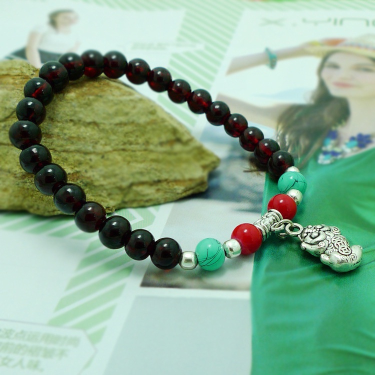 Retro Garnet Gelang Mensimulasikan Burgundy Bead Bracelet Fashion Unisex Pasangan Pixiu Pendant Bracelet