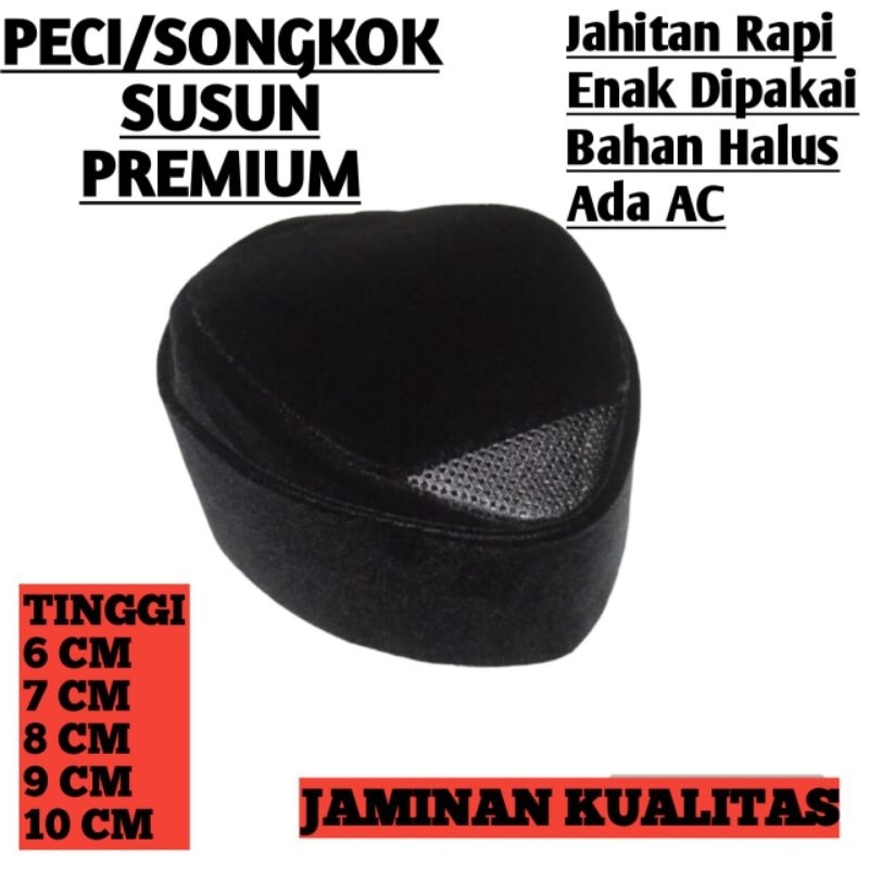peci susun hitam songkok susun hitam, Kopyah hitam kopiah susun Tinggi 6 cm, 7 Cm, 8Cm, 9 Cm, 10 Cm 