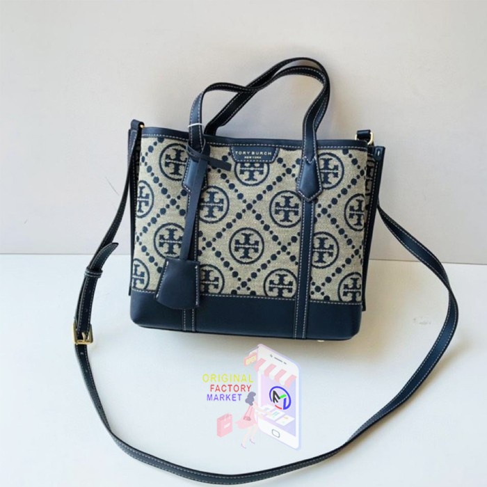 TAS TORY BURCH 83313 Perry Tote Monogram Small Triple Compartment Navy VS
