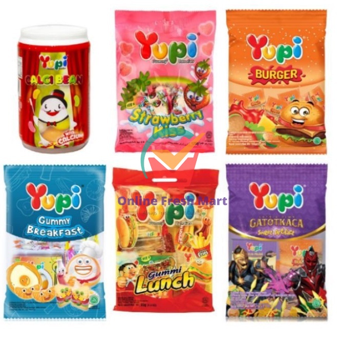 

Yupi Aneka Permen kenyal gummy Sweet Artifact strawberry mini burger lunch breakfast candies calci bean kemasan besar - Online Fresh Mart Denpasar