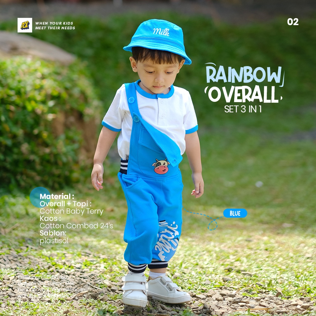 Setelan Anak Usia 6 Bulan Sampai 5 Tahun Rainbow Overall Set 3 in 1 HooflaKids Pakaian Baju Bayi Balita Cowok Cewek