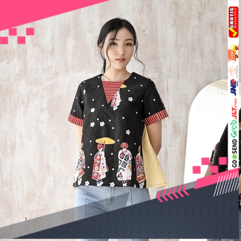 BATIK STYLE JAWA KEREN TERLARIS /Brielle loose top | batik print nona hitam kombinasi batik cap