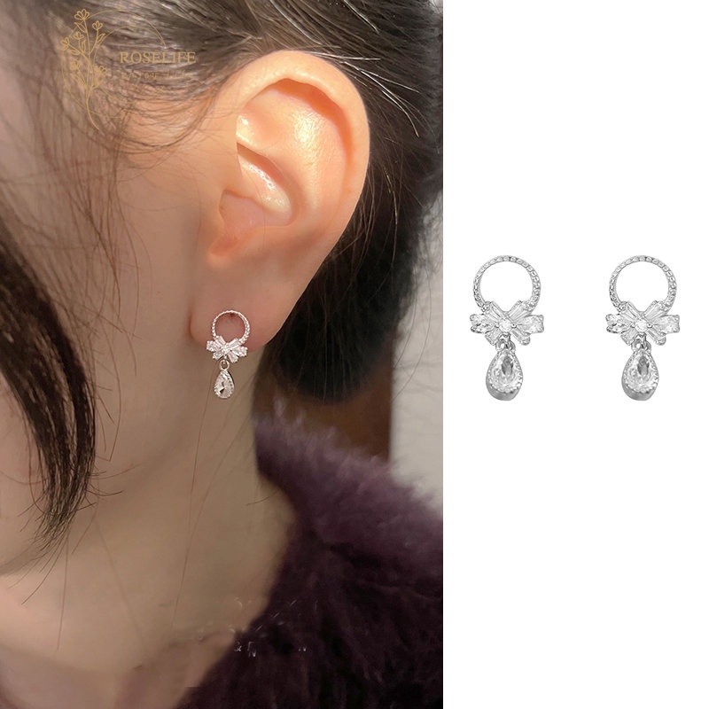 Roselife Halus Perak Berkilau Berlian Imitasi Tetesan Air Busur Stud Anting Untuk Wanita Gadis Zirkon Statement Earring Korea Fashion Perhiasan Telinga Untuk Pesta Pertunangan