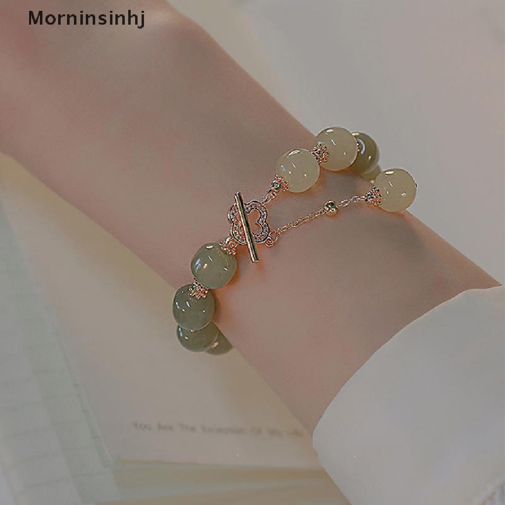 Mornin Vintage Cahaya Imitasi Hetian Jade Beaded Charm Gelang Pesta Kasual Mutiara Zirkon Perhiasan Fashion Untuk Wanita Hadiah id