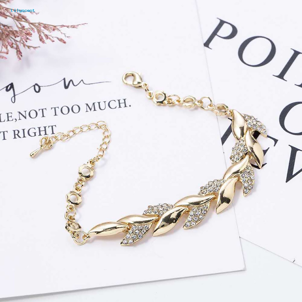 Lilyscent Adjustable Golden Leaves Gelang Berlian Imitasi Bangle Daun Elegan Untuk Wanita